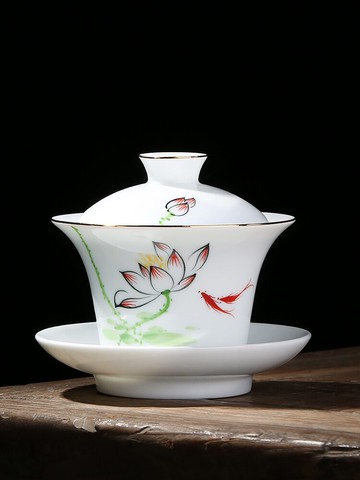 唐豐手繪描金蓋碗茶杯家用陶瓷大號三才茶碗單個功夫泡茶器建盞A