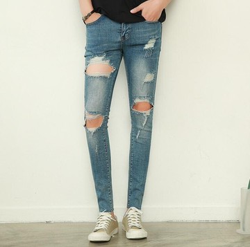 FINDSENSE Z1 韓國 時尚 潮 男 水洗 復古藍 多處破洞 修身小腳褲 九分褲 休閒長褲 學生牛仔褲