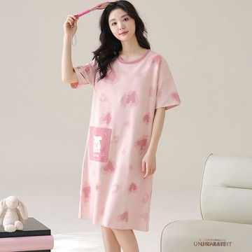 圓領短袖睡裙女士夏季薄款家居服新款女裙可外夏天大碼睡裙女士裙家居服睡裙女生睡衣可愛睡裙韓版睡裙家居服睡裙