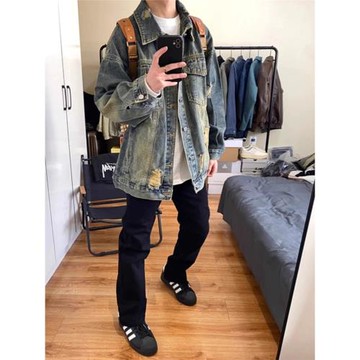 藍色破洞牛仔外套男春秋款美式高街痞帥水洗做舊高級感工裝夾克