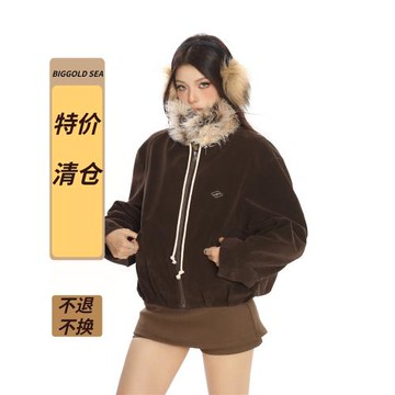BIGGOLD高級感可拆卸毛領麂皮絨棉服外套女秋冬慵懶感短款夾克潮