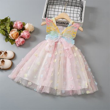 女童連衣裙夏裝2024新款兒童網蝴蝶結吊帶裙女孩蓬蓬網紗公主裙子