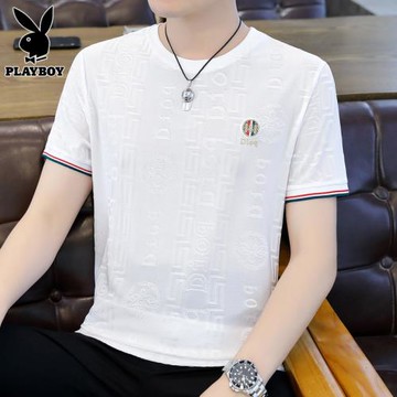 花花公子白色短袖t恤男士夏季薄款體恤衫潮流休閑冰絲圓領上衣男T
