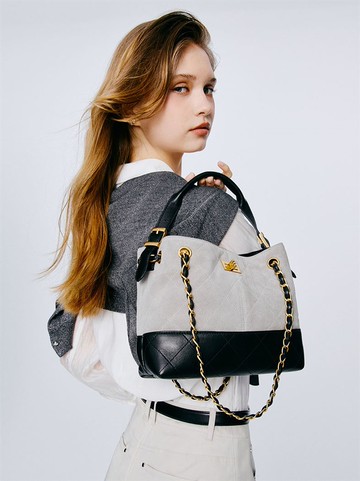 時髦絨感真皮小香大容量2way水桶包