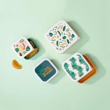 《Premier》堆疊PP保鮮盒4件-棕櫚豹-- 收納盒 環保餐盒 便當盒 野餐