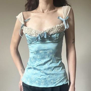 SWEETOWN一席幽夢#法式復古vintage花邊蝴蝶結吊帶拼色古著感背心