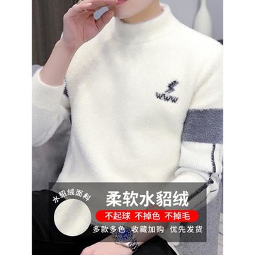 毛衣男士半高領潮流2024新款秋冬季保暖加厚冬裝水貂絨打底針織衫