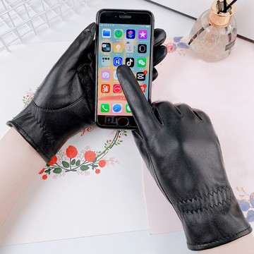 seoul show首爾秀 素面指尖觸控頭層小羊皮珊瑚絨女士真皮保暖手套