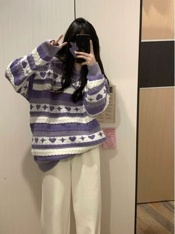 毛衣條紋衫圓領紫色女設計感小眾日系慵懶風復古時尚上衣秋冬新款