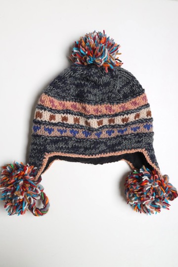 灰藍粉雜線辮子毛球帽純羊毛線手工編織全襯防風毛帽子護耳帽保暖