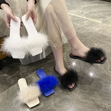 2025韓版夏季新款平底毛毛拖鞋外穿時尚涼拖羽毛一字拖晨袍搭配鞋