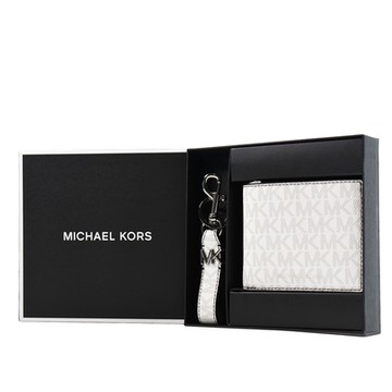 MICHAEL KORS 男款 緹花LOGO防刮皮革八卡短夾/鑰匙圈禮盒-白色