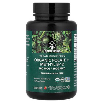 PlantFusion, Vegan Whole Food, Organic Folate + Methyl B12, Natural Berry, 60 Lozenges