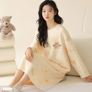 連身睡裙【棉柔舒適】小熊塗鴉 印花圓領外穿長袖睡衣 居家服 11836