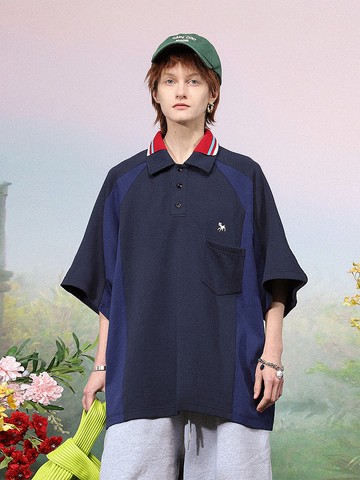 UNVESNO小羊刺繡拼接撞色插肩袖短袖Polo衫日系純棉T恤 SWS-1535