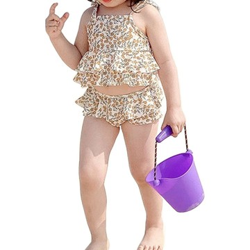 愛北鼻 ins女童泳衣 吊帶分體泳衣+泳褲+泳帽 100碼 建議90-100cm  1入  小橘子