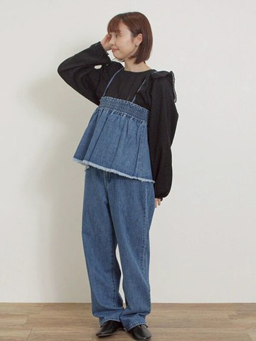 【SET ITEMS】綁帶設計牛仔吊帶上衣+牛仔長褲(0F000553010) - Samansa Mos2