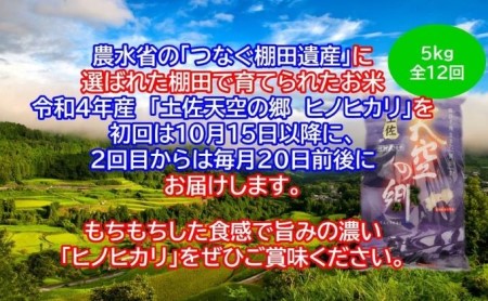 ★令和5年産★農林水産省の「つなぐ棚田遺産」に選ばれた棚田で育てられた 土佐天空の郷 ヒノヒカリ 5kg定期便  毎月お届け　全12回