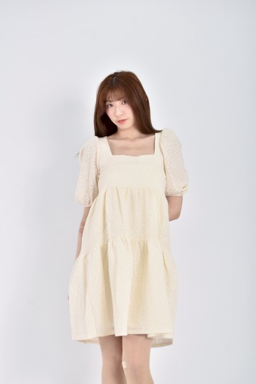 (S) mng禮服質感方領蛋糕澎袖白色洋裝