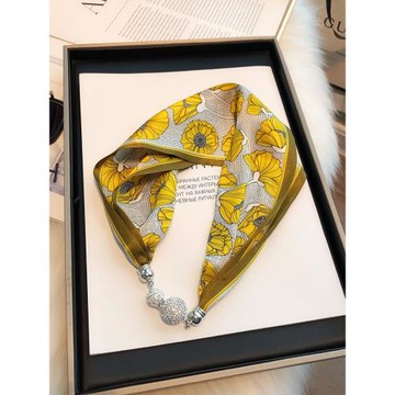 黃色真絲絲巾磁扣項鏈秋冬吊墜護頸椎100%桑蠶絲小領巾搭襯衫工裝