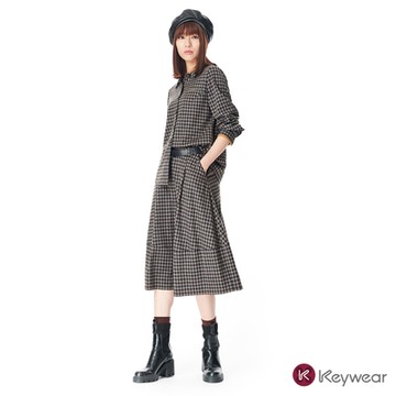 KeyWear奇威名品     格紋設計鬆緊腰長裙-卡其色