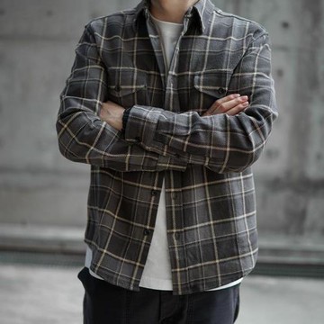 2025新款美式復古織法長袖襯衫男秋季寬松日系休閑格子工裝襯衣潮