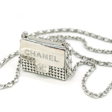 Chanel 展示品 皮穿鍊水鑽掀蓋迷你斜背包吊飾(銀)