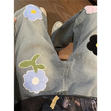 水洗藍色花朵刺繡貼布牛仔褲男款設計感美式復古直筒闊腿微喇褲子