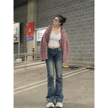 SELFSOLO【高街微喇】早秋新款中低腰彈力復古藍微喇牛仔褲女