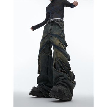 CulturE小眾解構立體纏繞做舊水洗鏤空牛仔褲重工廢土闊腿工裝褲