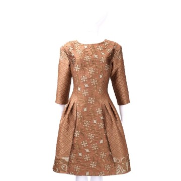 ALBERTA FERRETTI 橘棕色印花刺繡七分袖洋裝