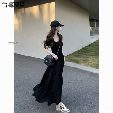 特價🈶韓係新款過膝長裙女 高級感短袖小黑裙 2026夏季短袖過膝連衣裙女 新款氣質長款小黑裙 高級感a字顯瘦長裙ぃ