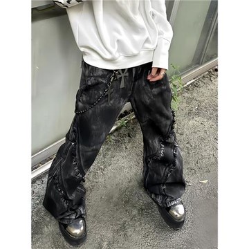 暗黑系美式潮牌vibe微喇叭男士小眾毛邊流蘇設計牛仔褲子高級感