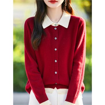 秋冬新款Polo領假兩件撞色羊毛針織開衫女士寬松軟糯毛衣休閑外套