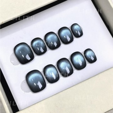 可隔日到貨！黑底玻璃珠貓眼 純手工穿戴甲 玻璃珠貓眼 短圓甲 可拆卸手工甲 光療甲片 假指甲 指甲貼