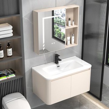 浴櫃 鏡櫃 80cm奶油風浴室櫃 洗手池 洗漱台 衞生間洗臉盆櫃 陶瓷一體盆