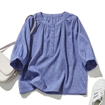 大人可愛風 棉麻七分袖氣質襯衫 慵懶優雅 紺桔梗色 240703-4