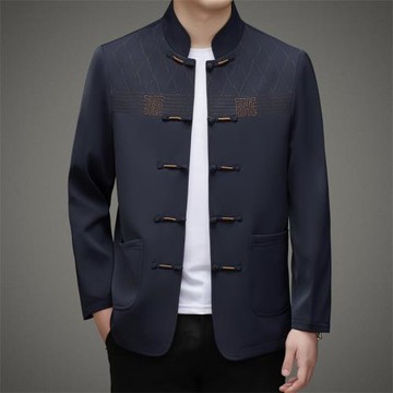 春季立領中山裝外套男中國風改良唐裝兩件套中老年爸爸裝現代套裝