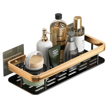 費歐家 浴室瀝水免打孔牆上置物架 太空鋁四角 349g  金黑色  1個  30 x 13 x 5.5cm