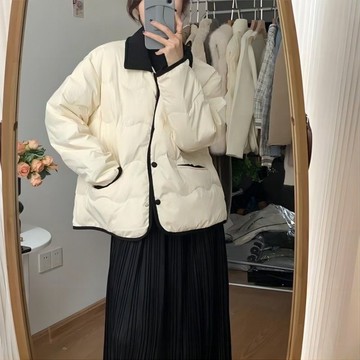 限時下殺 韓國 棉服外套 冬季外套 棉服 厚外套 棉衣外套 羽絨棉服女冬季短款輕薄寬鬆棉襖時尚韓版撞色翻領外套小香風棉衣