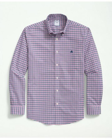 Brooks Brothers Men's Stretch Cotton Non-Iron Oxford Polo Button-Down Collar, Gingham Shirt | Purple | Size XS