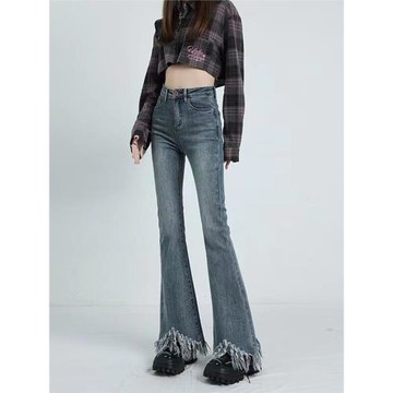 微喇高腰牛仔褲女夏季2024新款復古流蘇馬蹄褲彈力顯瘦毛邊喇叭褲