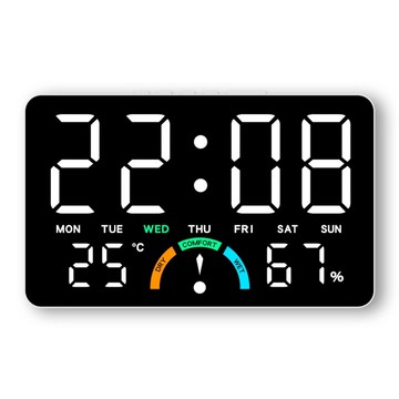 Couselect 居家溫濕度LED電子鐘 簡約大屏掛立兩用 多功能床頭鬧鐘  白殼白燈 數位式