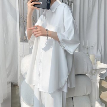 夏季冰絲襯衫開衩短袖男設計感小眾潮ins寬松五分袖大碼白色襯衣