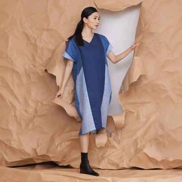 群嶼回收麻拼接洋裝_藍海_公平貿易