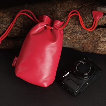束口袋【純色相機羊皮袋 桃紅】收納袋 鏡頭袋 保護袋