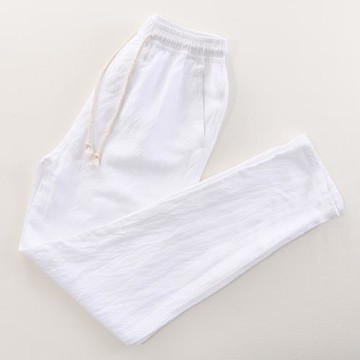 男士直筒亞麻褲夏季薄款寬松大碼休閑棉麻褲子松緊腰九分沙灘褲潮