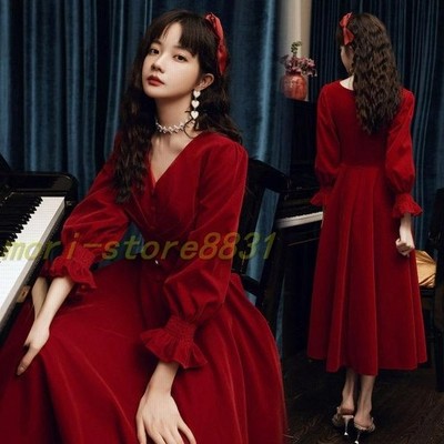 ゲストドレス ブライダル ワイン赤 ドレス ベロア ベルベット パーティードレス パフスリーブ Vネック 成人式ドレス 長袖 ミモレ丈 結婚式ドレス 二次会 通販 Lineポイント最大get Lineショッピング