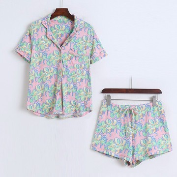 翻領碎花紐扣短袖開衫寬松彈力家居服夏季新款松緊腰短褲女單件賣