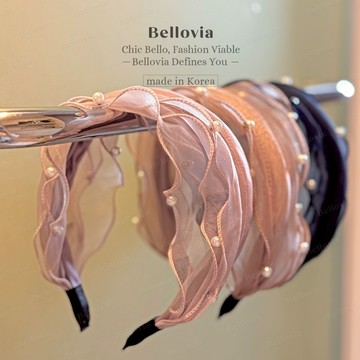 Bellovia ꕤ 正韓 多層次歐根紗珍珠髮箍 韓國製 網紗 木耳邊 寬版髮箍 仿珍珠